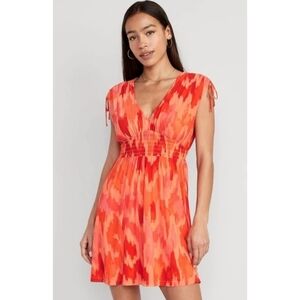 Old Navy Orange Waist Defined Sleeveless Tie Shoulder Smocked Mesh Dress